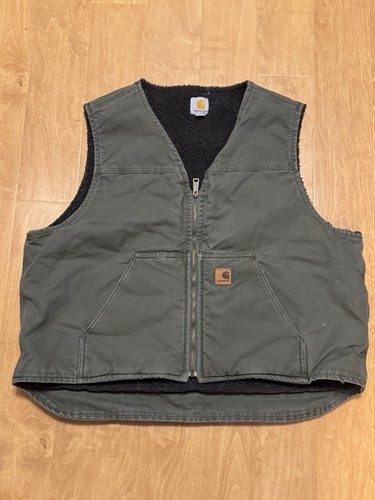 Carhartt Vest Mens 2XL Green Canvas Sherpa Lined Full Zip Workwear V26 ARG EUC