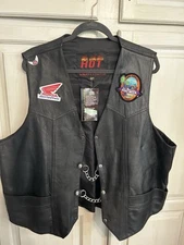 HOT LEATHERS Men's 5XL Black Leather Button Up Motorcycle Biker's Vest 
