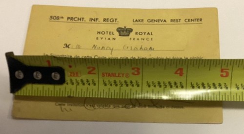 WW2 508th Parachute Infantry Regiment Hotel Royal Rest Center Registration Card