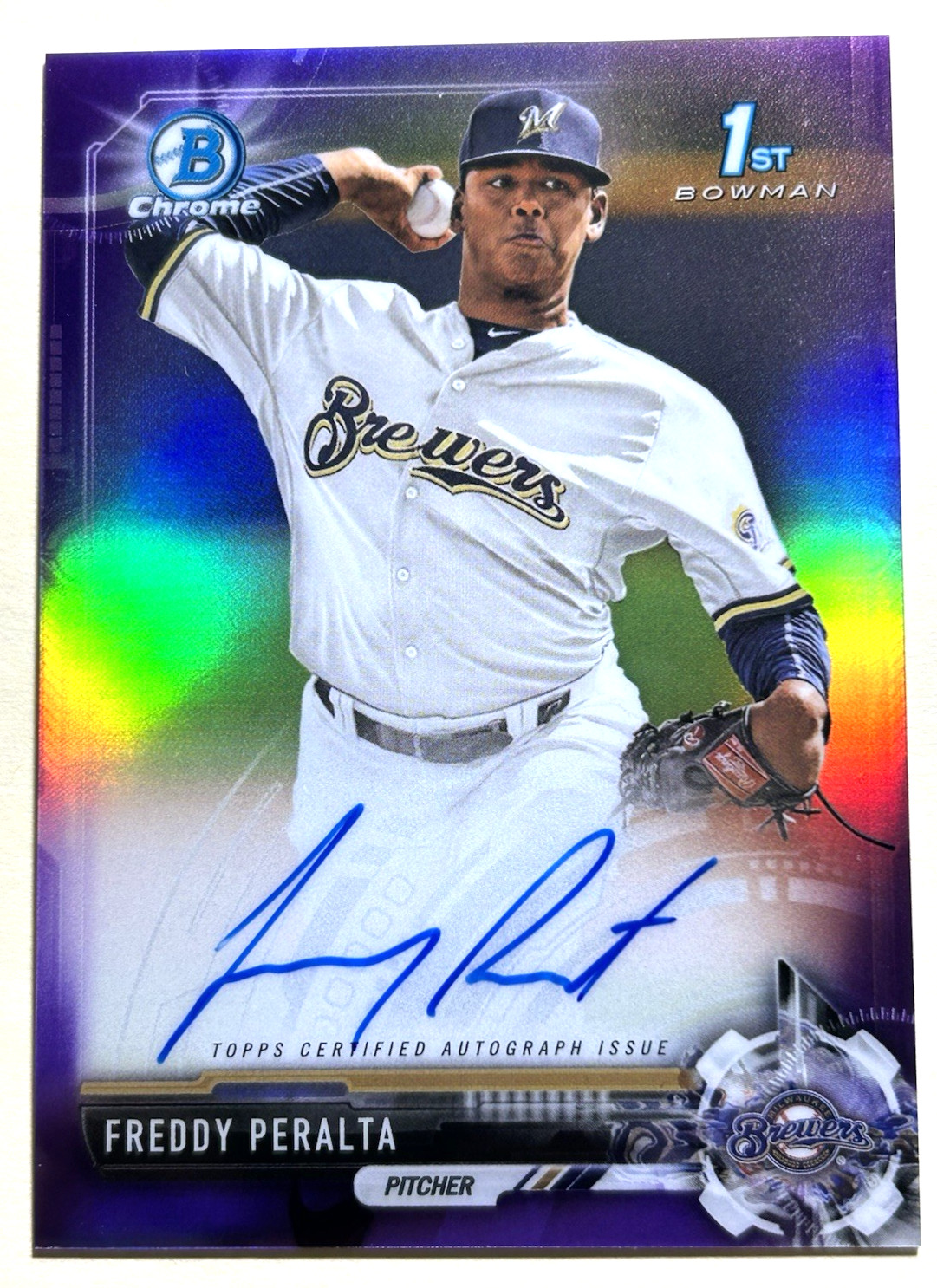 Freddy Peralta 2017 Bowman Chrome Auto Purple Refractor /250