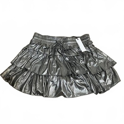 day + moon Silver Metallic Pull On Layer Ruffle Edgy Pop Punk Skirt Size XS-New