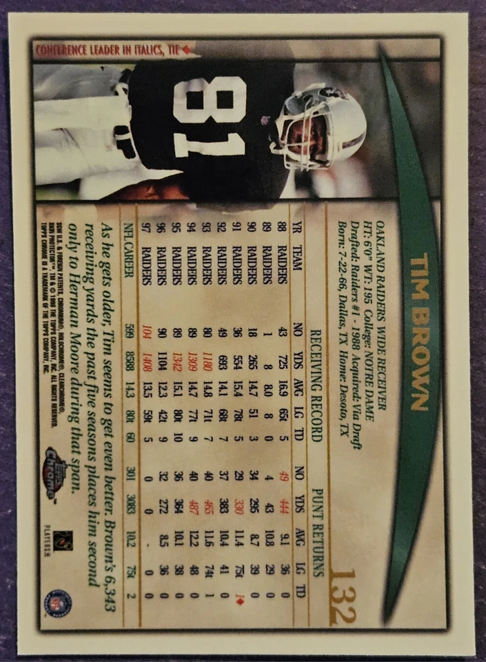 1998 Topps Chrome Football #132 Tim Brown card Oakland Raiders HOF - Image 2 of 2