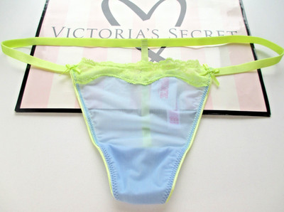 VICTORIA'S SECRET PINK V-String Thong Panty S M L XL Blue Mesh Green Lace Trim