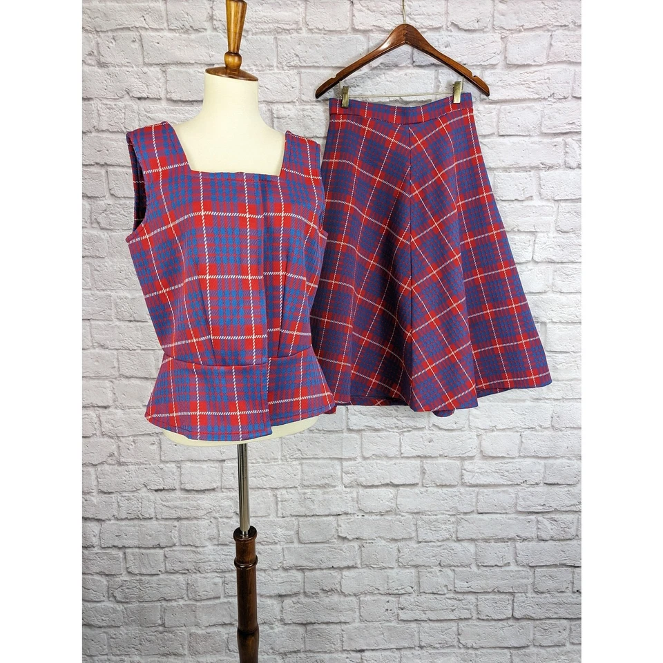 Vintage Mod 2 Piece Plaid Dress Red Blue Plaid Skirt and Vest Shirt Medium Large - Image 2 of 4