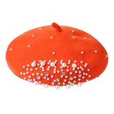  Womens Beret Hat Pearl Rhinestone Wool Winter Warm One Size-Large Orange