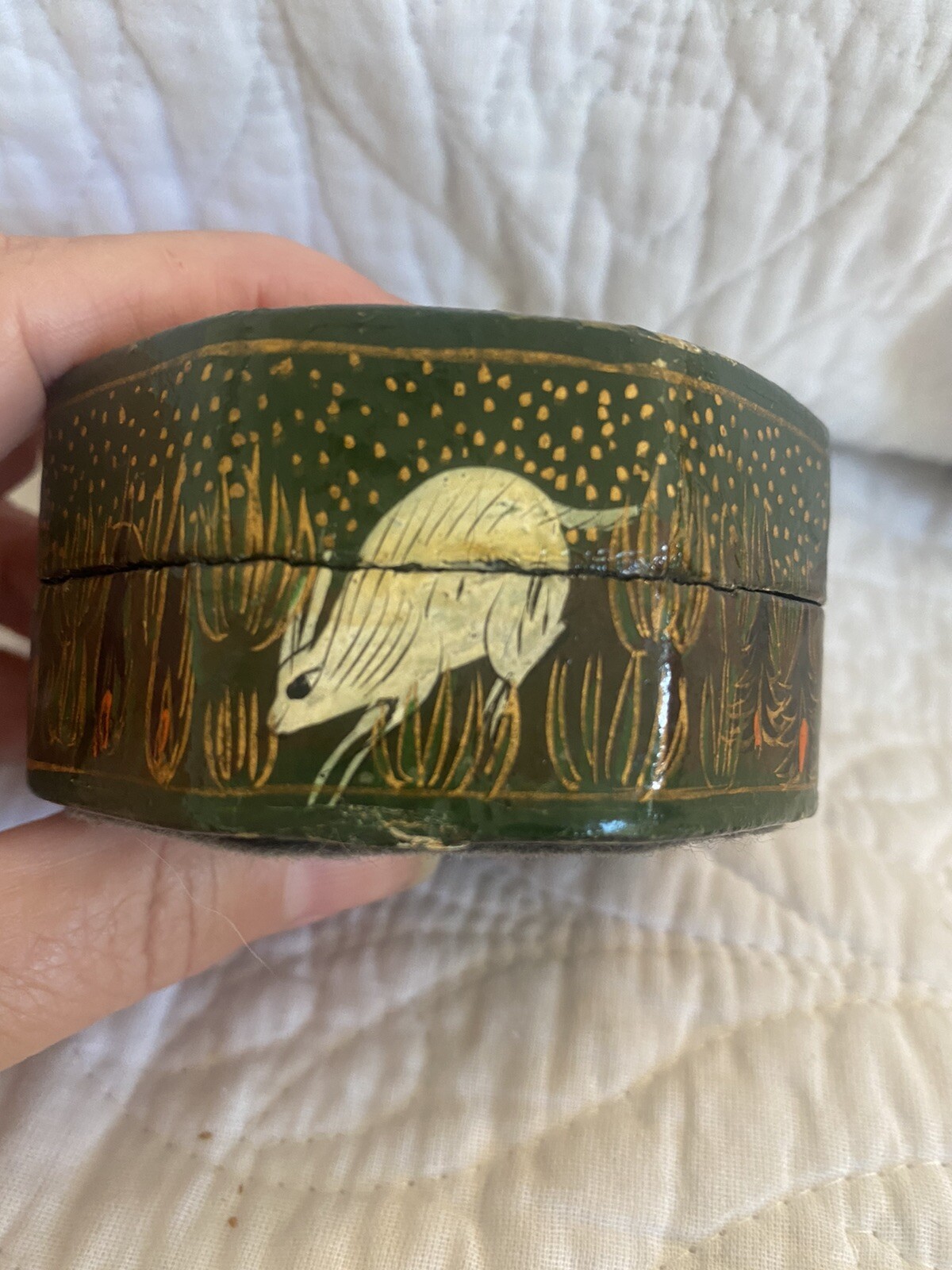 Vtg Kashmir India 8 Sided Hand painted Trinket Box Wild Animals Lacquered  3”