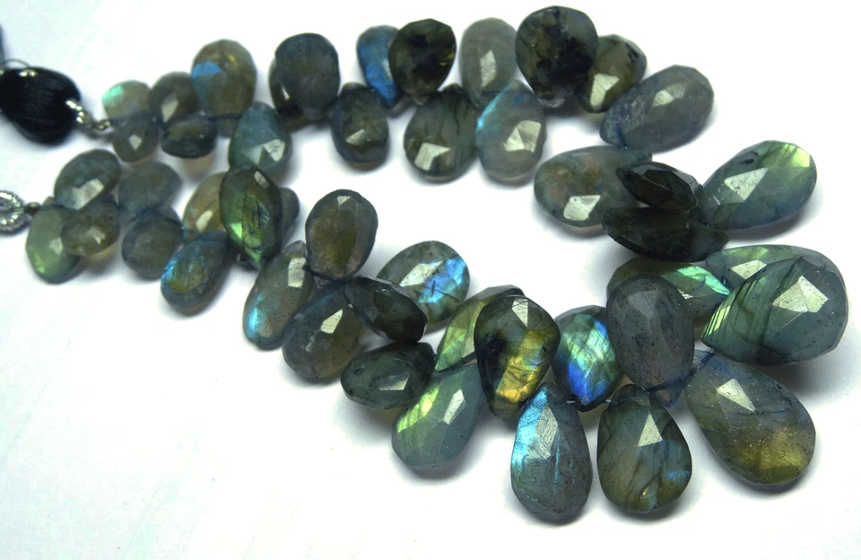 189.ct 8" FULL POWER Blue Fire Labradorite FACETED PEAR shape BEADS 9 TO 16 MM  - Image 3 of 4
