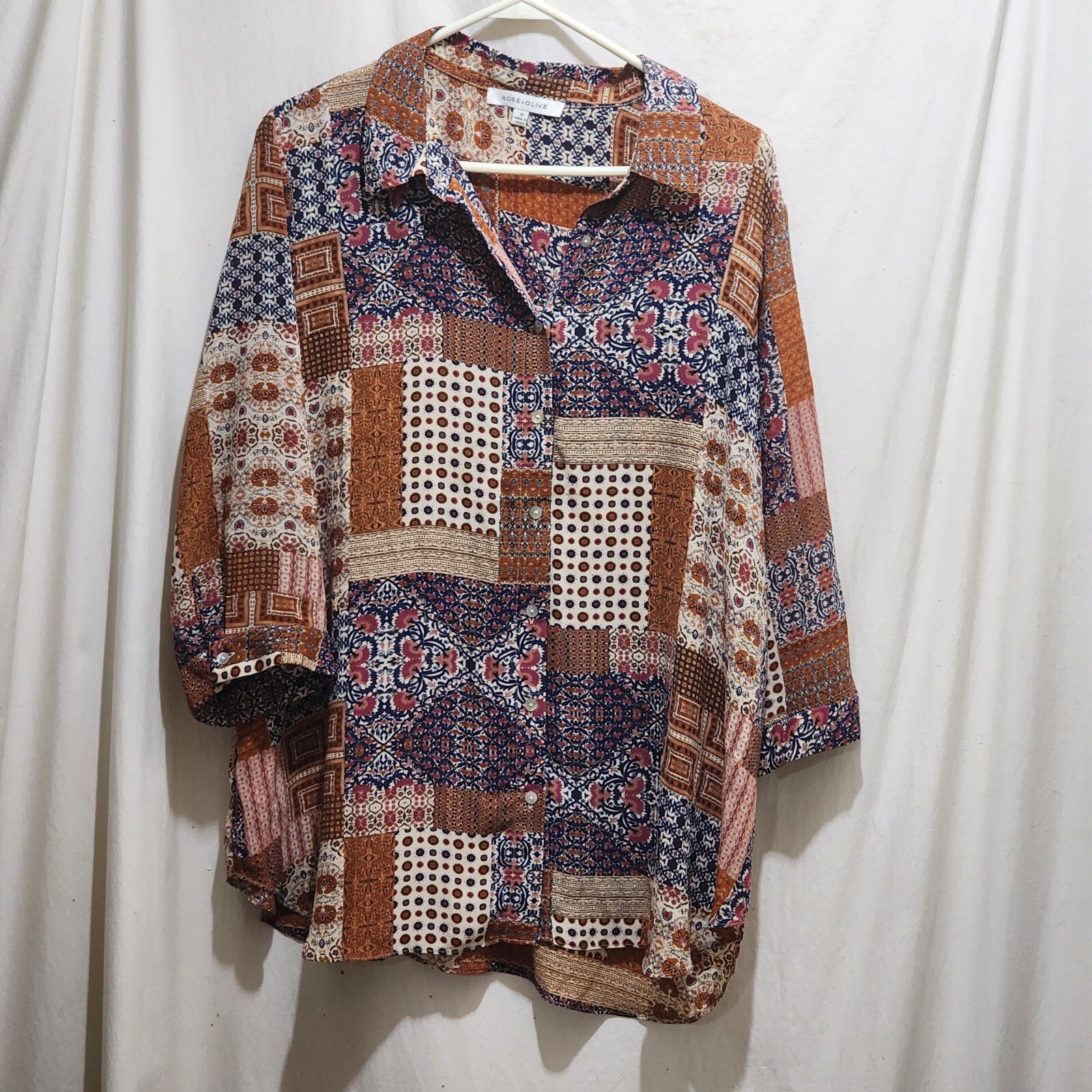 Rose + Olive Button Front Multicolor Patchwork Fl… - image 1