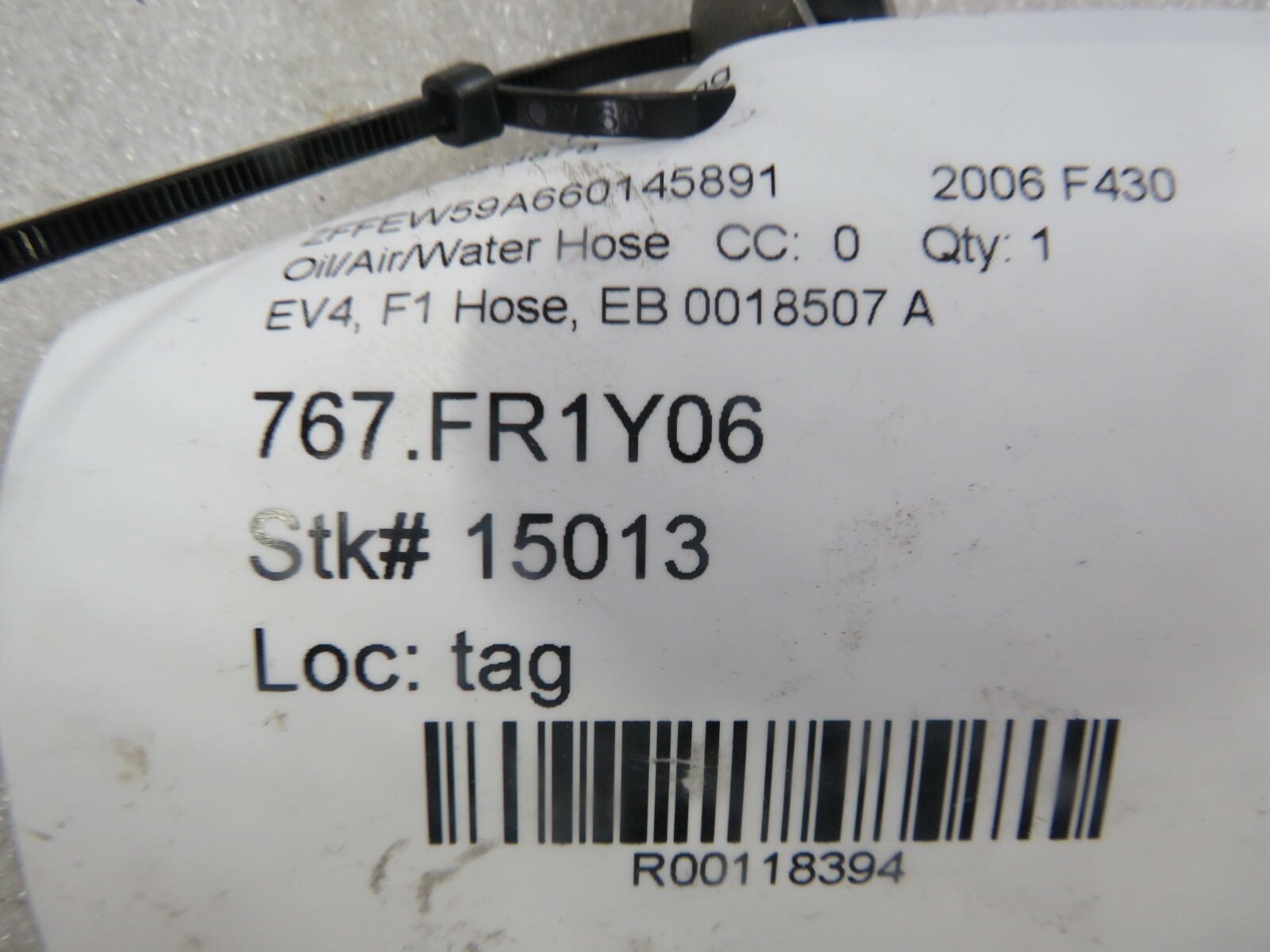Ferrari F430, EV4 F1 Hose, Used, P/N 0018507 A