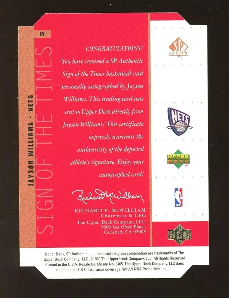 SP Auténtico Sign Of The Times 1999 Troquelado Jayson Williams Nets Automático Foto 2 de 2