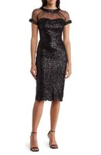 MAGGY LONDON Black Sequin Illusion Sheer Yoke V-Back Sheath Cocktail Dress 2 XS
