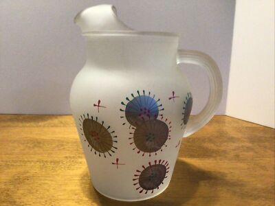 Vtg mid century satin glass atomic pitcher 8  Tall