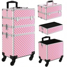 3-in-1 Rolling Makeup Train Case Lockable ABS Cosmetic Trolley Pink