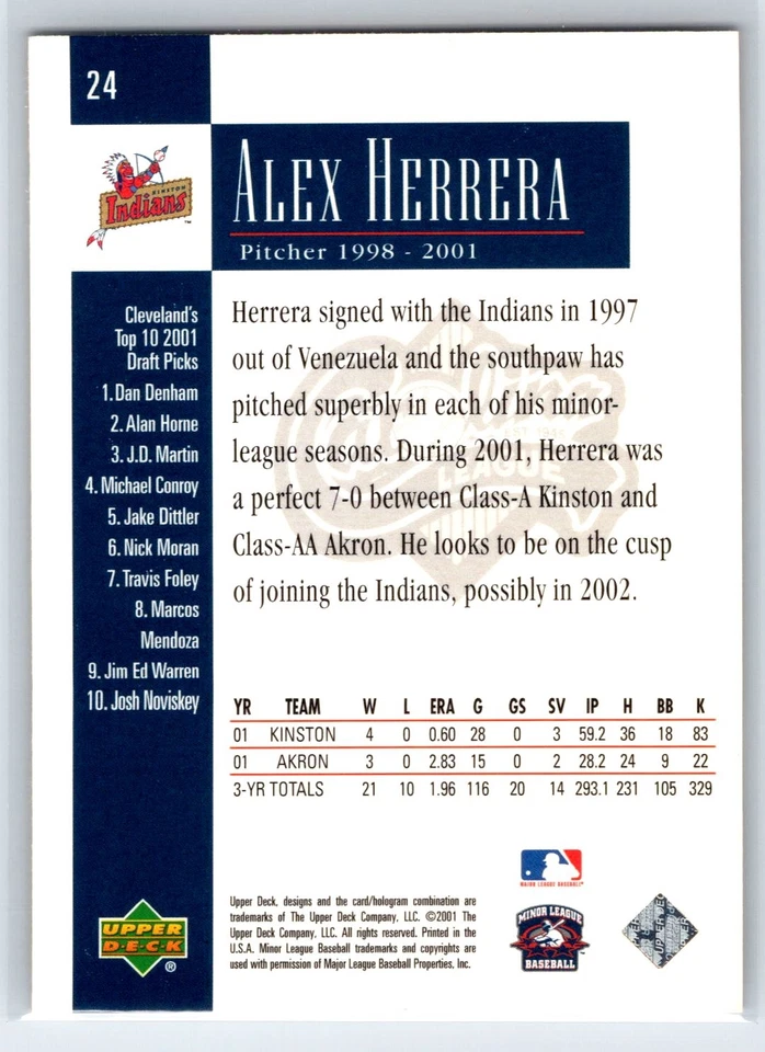 2001 Upper Deck Minors Centennial Alex Herrera Rookie Kinston Indians RC #24 - Image 2 of 2