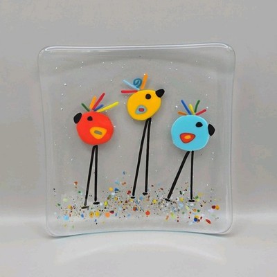 Three Colorful Birds Fused Glass Square 6'' Small Plate Dish Lifted Corners