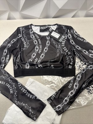 VERSACE COUTURE LYCRA CROP TOP CHAIN WHITE BLACK 