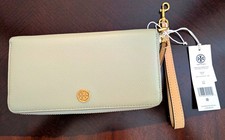 Tory Burch Beige Zip-Around Wristlet Wallet w/ Wrist Strap Logo, Credit Card