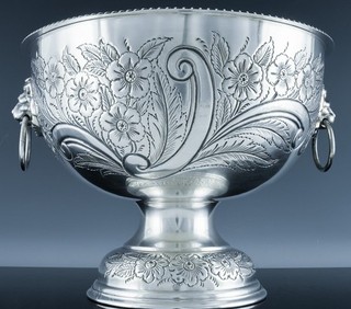 WONDERFUL LARGE ANTIQUE ENGLISH SILVER PLATE LION HANDLED REPOUSSE PUNCH BOWL