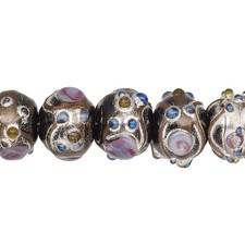 Bead, 30 Lampwork Glass 11x13mm Rondelle Black with Silver Accent Beads