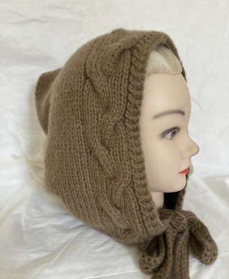 Hood Hat Women Beanie Hand Knit 100% Wool Beige Winter Snood Beret Gift NEW