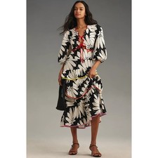 NWT Farm Rio x Anthropologie Cutout Tiered Linen Maxi Dress White/Black Sz Small