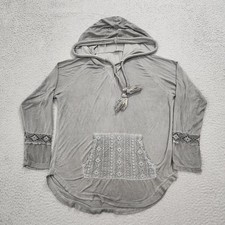 POL Hoodie Womens Small Gray Knit Hooded Top With Front Pocket Crocheted Pullove