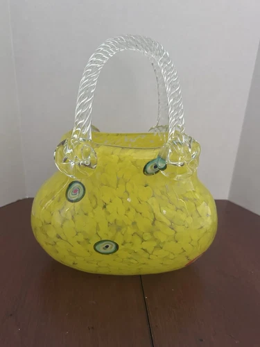 Vtg MURANO Like Art Glass MILLEFIORI Handbag Vase (8") Yellow