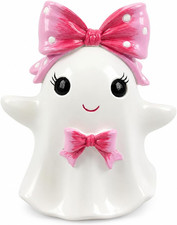 Cute Halloween Ghost Figurine with Pink Bow Tabletop Decor Pink Ghost 