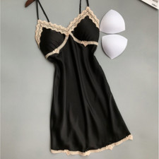Ladies Silky Nightdress Backless Pyjama Dress Lace Trim Built in Bra Sexy Comfy