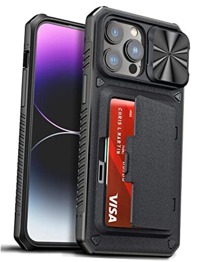 Wallet Case for iPhone 14 Pro Max with Card Holder, Sliding Camera Cover, Black