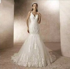 UK Ivory Mermaid Bridal V Neck Sleeveless Lace Open Back Wedding Dresses Size 6