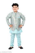 Indian Traditional Wear Dupion Silk Jacket Kurta Payjama set for Boys