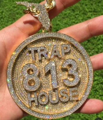 ''TRAP 813 HOUSE'' Statement Pendant White CZ Studded Solid 925 Sterling Silver
