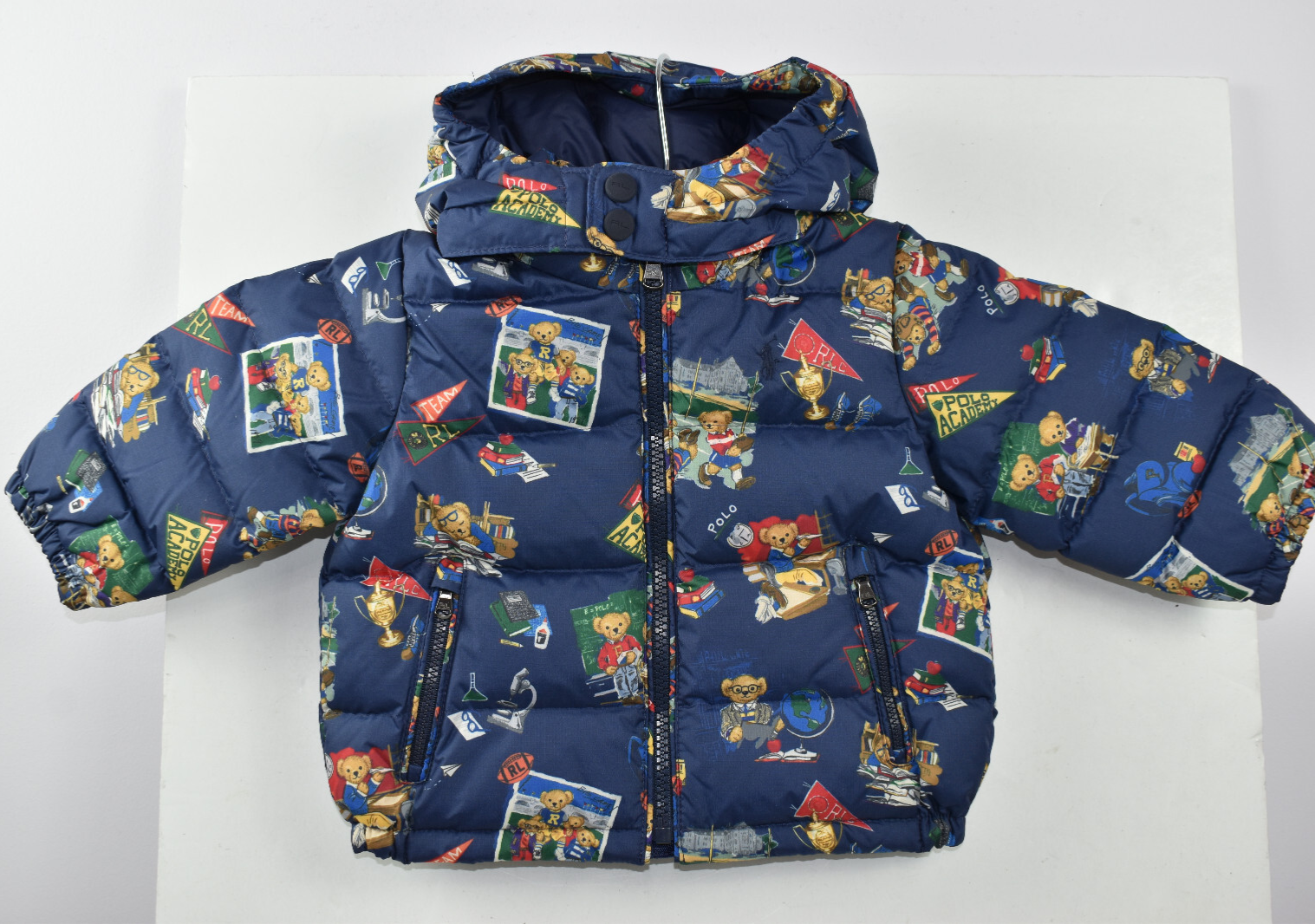 Giacca Ralph Lauren taglia 9 M bambino ragazzo blu navy orso piumino d'anatra cappuccio zip tasca pony nuova con etichette