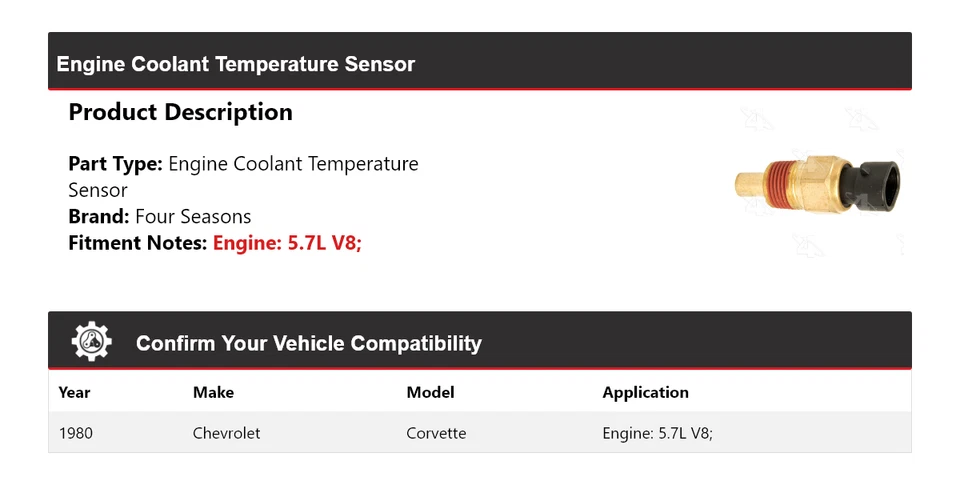 Sensor de temperatura de refrigerante del motor V8 de 5,7 L para Chevrolet Corvette 1980 4 estaciones Foto 2 de 4