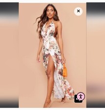 White Floral Print Chiffon Halterneck Dress Sz US 8 (NEW with TAGS!)