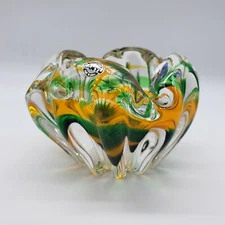 1974 TSK Designs ~ Sanyu Art Glass Ashtray ~ Japan ~ Orange Green Clear Swirl
