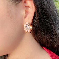 Chunky Gold Plated Flower Leaf Wide Hoop Earrings Cubic Zirconia Wedding Jewelry
