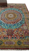 Traditional Colorful Hand knotted Light Blue, Mustard and Red 6x9 Wool Area Rug