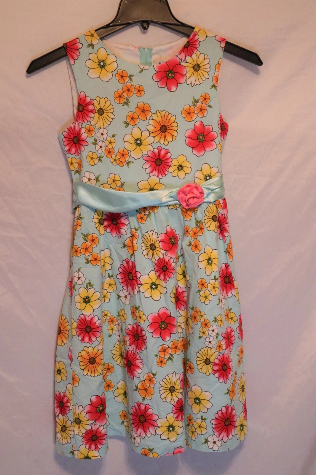 EUC Rare Editions Blue Floral Dress Size 16 Girls Tweens Ribbon Belt Flowers