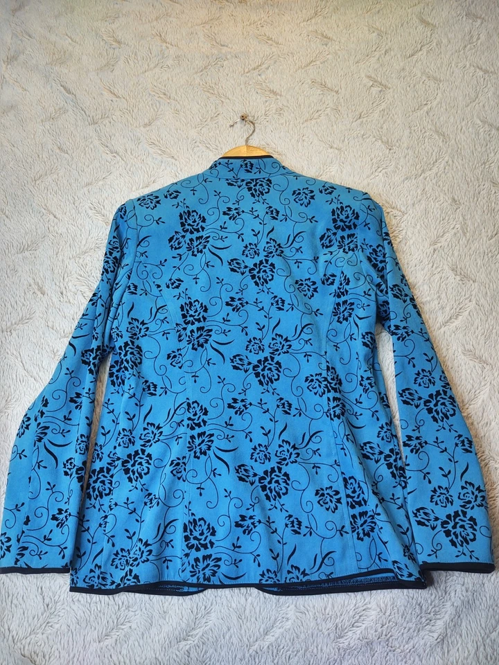 Elementz S Blue Flocked Floral Zip Up Blazer Collarless Jacket - Image 4 of 4