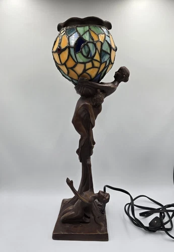 Art Nouveau Style Faux Stained Glass Lamp After Gustav Gurschner Lovers Triangle