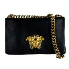 Auth VERSACE Medusa Chain Shoulder Bag Black/Gold Leather/Metal - z10543