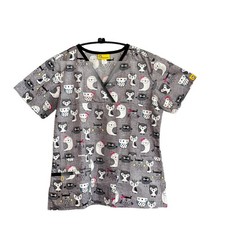 Wonderwink Scrub Top Gray with Owls Size Small Short Sleeves Pockets