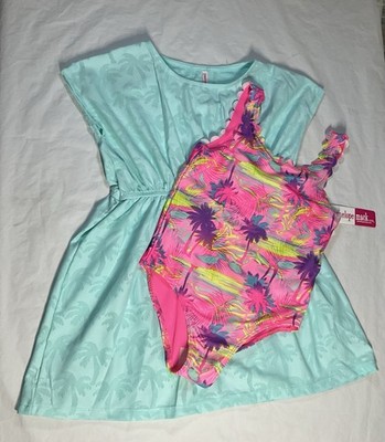 Penelope Mack 1 Piece Swimsuit With Cover Up Dress Pink Palm Trees Girls Size 7