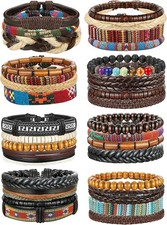 FIBO STEEL 31 Pcs Braided Leather Bracelets for Men Women Wooden Beads Cool Hemp