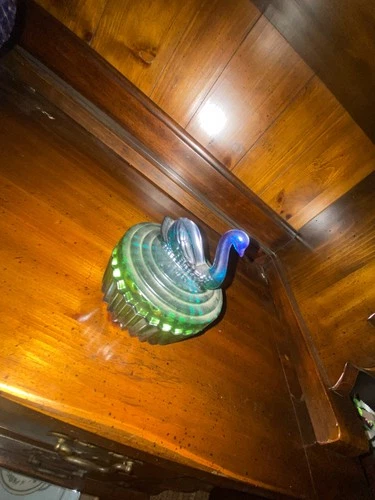 Vintage Jeanette Blue Green Glass Swan Covered Candy Dish