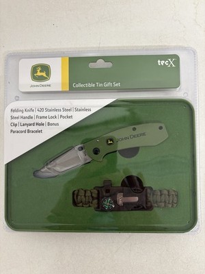 New John Deere TecX Collectible Tin Gift Set Folding Knife Paracord Bracelet