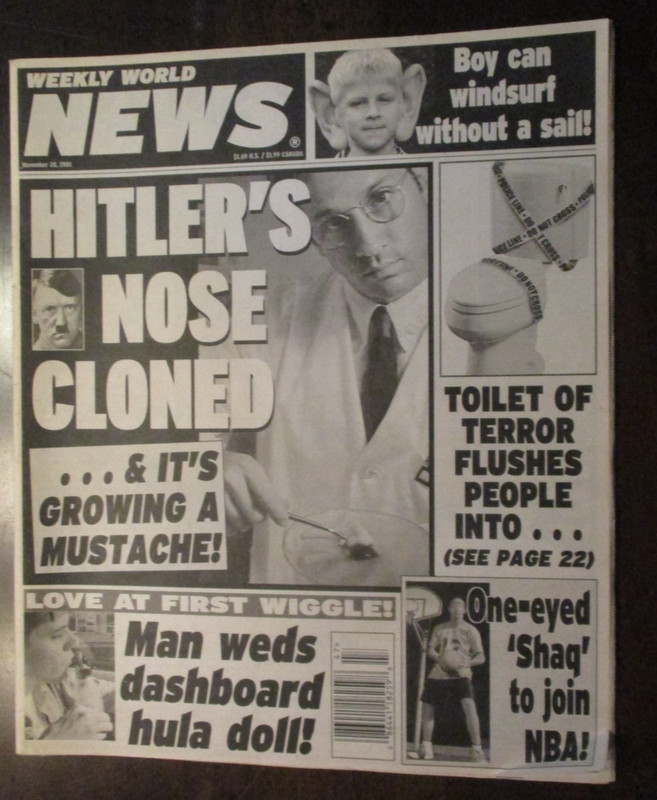WEEKLY WORLD NEWS MAGAZINE NOVEMBER 20, 2001 HITLER'S NOSE CLONED ONE-EYED SHAQ