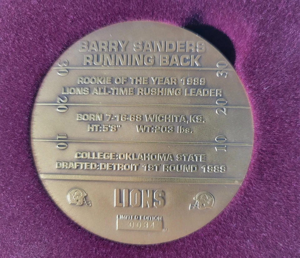 罕见 BARRY SANDERS Highland Mint Magnum 青铜完好硬币,2500 年 #34,真品证明,全新 — 第 3/4 张图片